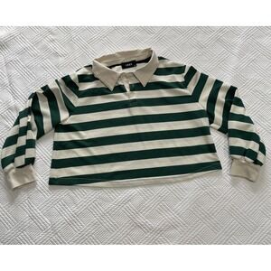 Cider Women's XL Rugby Top Green Cream Stripes Long Sleeve 90s Retro Preppy Crop
